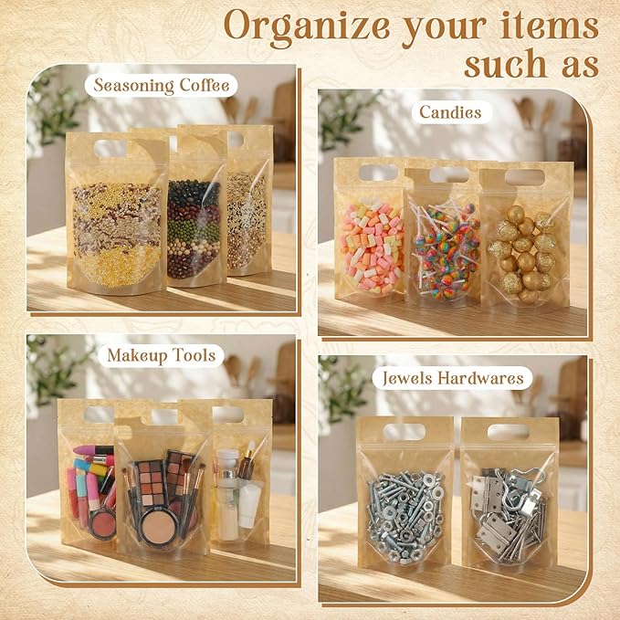 Sinload 120 Pcs Plastic Gift Bag Bulk 5.5 x 8.7 Inch Resealable Party Goodie Bag with Clear Window Color Favor Pouch with Handle for Home Birthday Wedding Party Candy Gift Wrap Supply(Kraft)