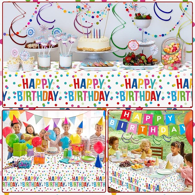 3pcs Birthday Tablecloth, Happy Birthday Decorations Set, Colorful Rainbow Dots Design with Happy Birthday Tablecloth. Waterproof Plastic Table Covers for Boys/Girls Party 54X108inch