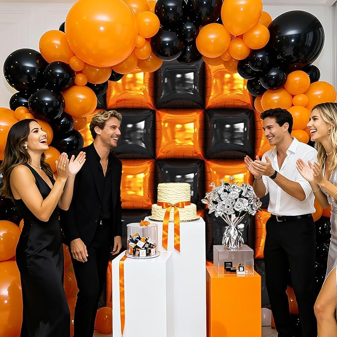 Black and Orange Square Foil Balloons Wall, Double Sided Chrome Black Orange Balloons Tunnel Arch Kit Backdrop for Halloween Birthday Trick or Treat Spooky Ghost Party Bar Graduation Decoration
