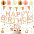 Birthday Decorations Pre-Strung Happy Birthday Banner for Women Girls Champagne Gold Birthday Banners with Pennant Honeycomb Balls Cake Topper Stars Hanging Swirl Streamers Circle Dots Garland