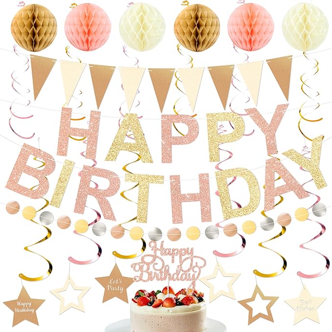 Birthday Decorations Pre-Strung Happy Birthday Banner for Women Girls Champagne Gold Birthday Banners with Pennant Honeycomb Balls Cake Topper Stars Hanging Swirl Streamers Circle Dots Garland