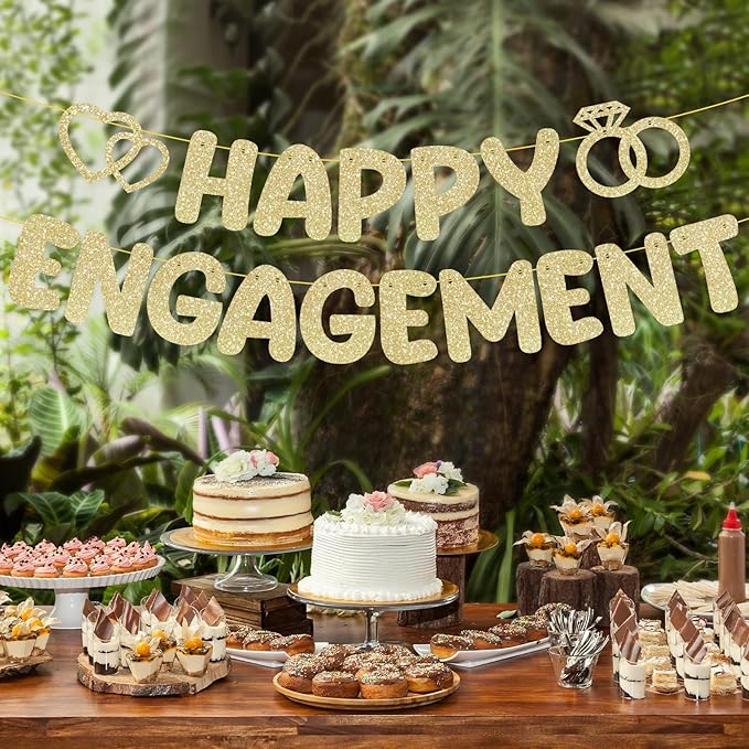 Pre-Strung Engagement Party Decorations,Glitter Happy Engagement Banner,Engaged Banner Congratulations Wedding for Bachelorette Party Shower Signs Decor（ Champagne Gold ）