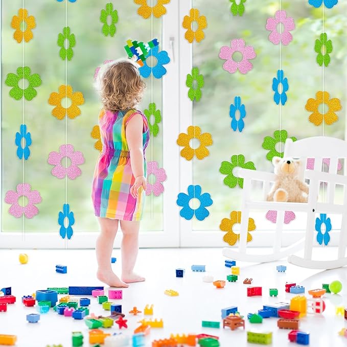 12 Pack Spring Floral Glitter Garland Hanging Banners Colorful Flowers Double Side Twinkle Garlands Decor Party Supplies for Spring Easter Home Classroom Wedding Mantel Fireplace Wall Party Favors