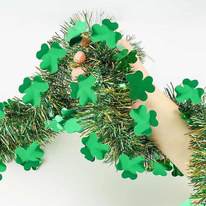 50FT St Patrick's Day Tinsel Garland, Green Gold Shamrock Clover Garland, Shiny Metallic Hanging Shamrock Streamer St Patricks Day Decorations Irish Decor