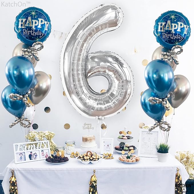KatchOn, Giant Silver Number 6 Balloon - 40 Inch | 6th Birthday Balloons for 6th Birthday Decorations | 6 balloons for Birthday | Six Balloon Number | 6 Year Old balloon for 6 Year Decorations