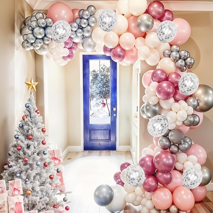 Pink Winter Wonderland Balloons, 60PCS Pearl White & Pink Double Stuffed Balloons, Metallic pink Silver and Snow Balloon for Princess Ice Wonderland Baby Shower Christmas Birthday Party Decorations