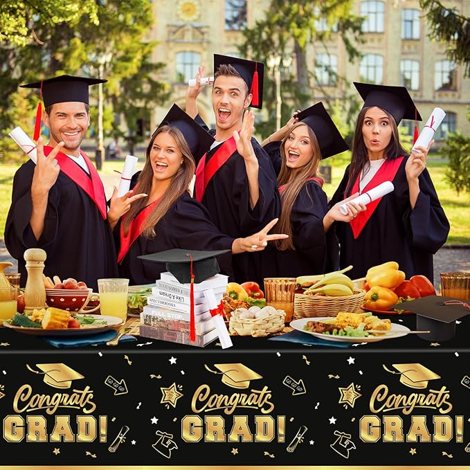 2 Pack Graduation Tablecloth - Congrats Grad Table Cloths, Plastic Disposable Rectangle Black Gold Class of 2026 Table Cover for Graduation Tables Decorations Party Decor Supplies Favors,108 x 54 Inch