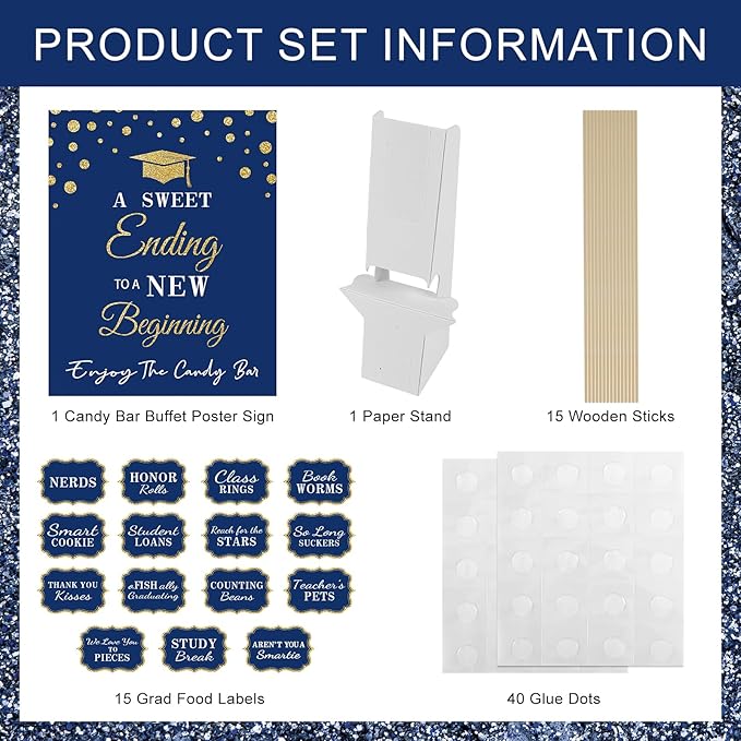 Graduation Candy Buffet Labels for Grad Party Decorations, Graduation Candy Bar Dessert Food Label Signs Set, Class of 2026 Grad Parties Table Decor Supplies (Blue and Gold)