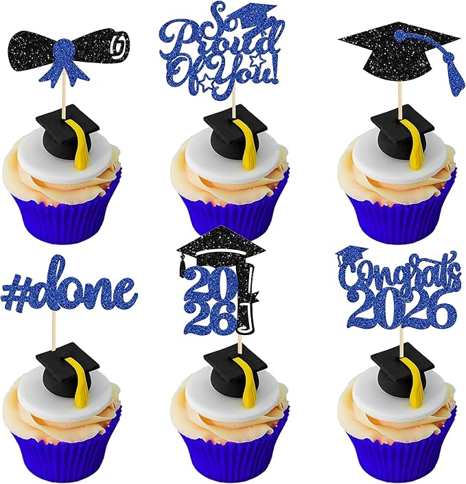 Gyufise 24Pcs 2026 Graduation Done Cupcake Toppers Blue Glitter Congrats Class of 2026 Diploma Grad Cap Cupcake Picks So Proud of You Cake Decorations for 2026 Graduation Theme Party Supplies