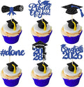 Gyufise 24Pcs 2026 Graduation Done Cupcake Toppers Blue Glitter Congrats Class of 2026 Diploma Grad Cap Cupcake Picks So Proud of You Cake Decorations for 2026 Graduation Theme Party Supplies