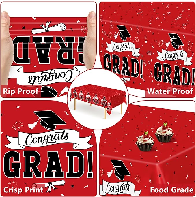 QZYL 2 PCS Graduation Tablecloth, 108" X 54" Red Graduation Table Decorations 2026, Disposable Plastic Tablecover for Grad Decor Party Supplies, Rectangle Table Cloths for Class 2026 Congrats Grad