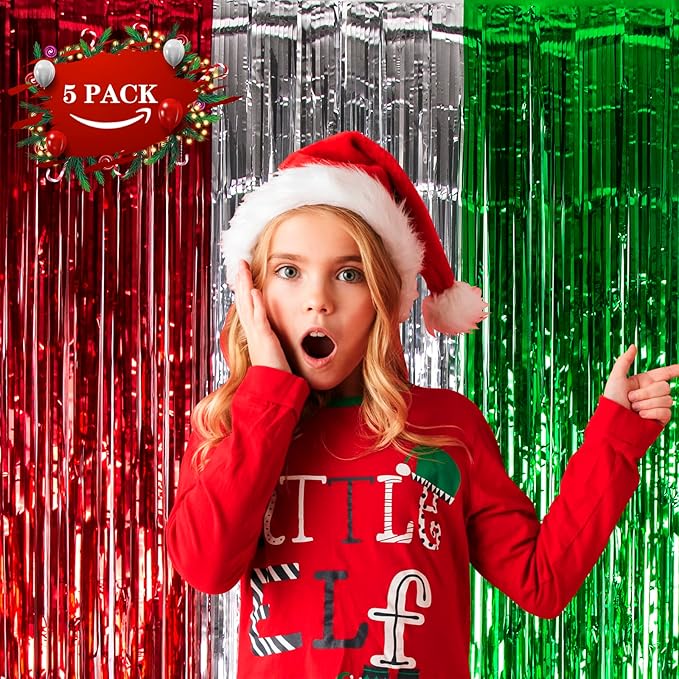 LOLStar 5 Pack Christmas Foil Fringe Curtains Decoration 3.3 X 6.6 ft Red Silver Green Tinsel Fringe Photo Backdrop Streamer for New Year, Ugly Sweater Party