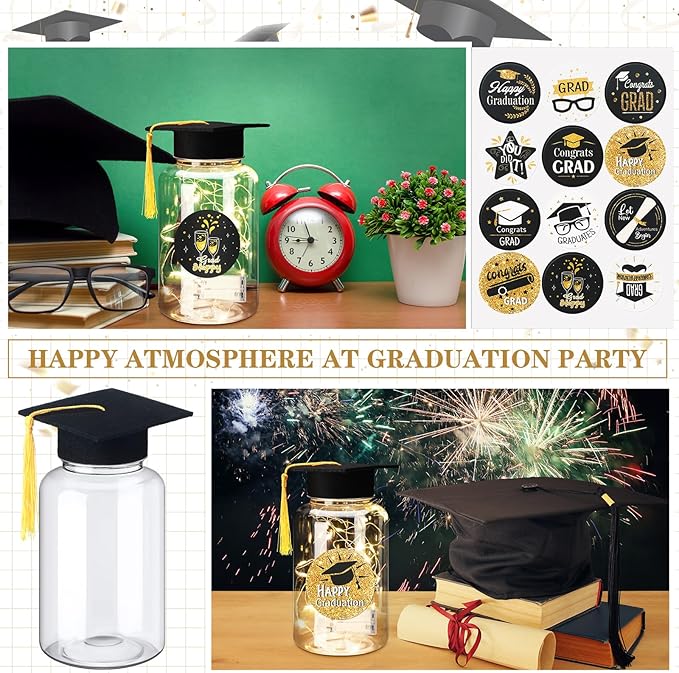 Boao 16 Sets Graduation Table Decoration Set with LED Light up Graduation Decorations for Class of 2026, Grad Jar, Felt Grad Hat and Stickers for High School College(Black,Vivid)