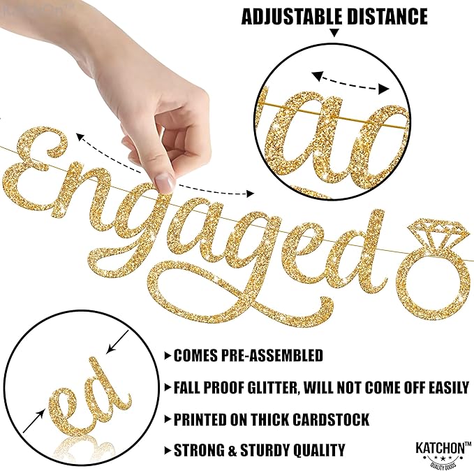 KatchOn, Gold Glitter Engaged Photo Banner - 2 String, 10 Feet, No DIY | Gold Engagement Party Decorations | Engagement Photo Banner for Bachelorette Party Decorations | She Said Yes Decorations