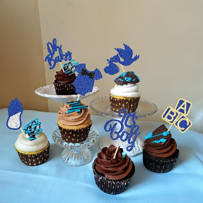 24Pcs Baby Shower Oh Baby Cupcake Toppers with Bow Onesie Bottle Boy Deep Blue Glitter Cake Picks Decorations for Baby Shower Gender Reveal It's a Boy Birthday Party Supplies