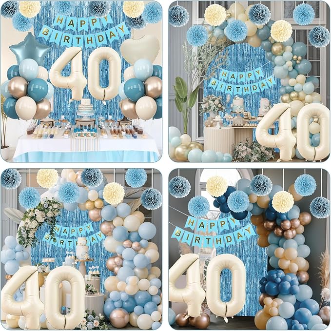 Dusty Blue 40th Birthday Party Decorations for Women Men Beige Cream Number 40 Balloon with Blue Gold Happy Birthday Banner Fringe Curtain Paper Pom Poms Nude White Sand Champagne Star Foil Balloons