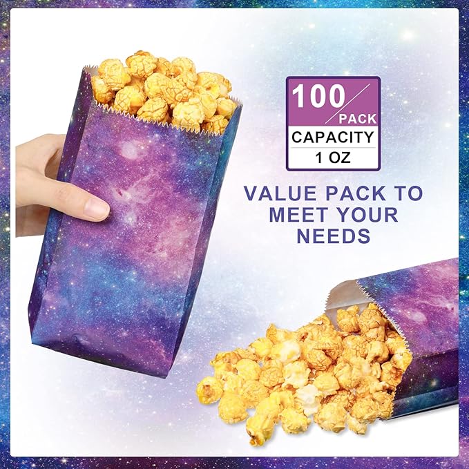 Containlol 100pcs Galaxy Popcorn Bags 1oz Space Party Favor Paper Bags for Birthday, Movie Night, Candy, Treats Bulk