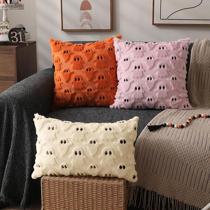 DFXSZ Halloween Pillow Covers 12x20 inch Set of 2 Beige Ghost Throw Pillow Cases Soft Plush Faux Fur Wool Couch Cushion Case for Chair Sofa Bedroom Living Room Home Decor PTK03D12
