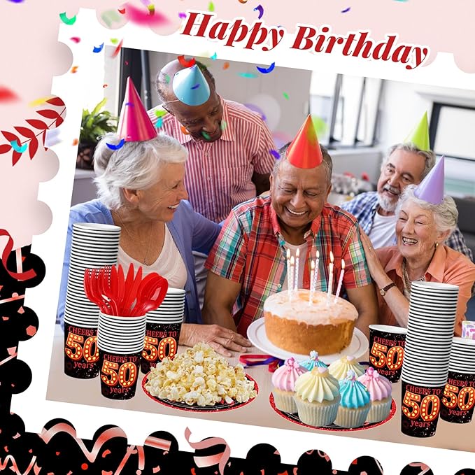 240 Pcs 50th Birthday Decorations 1976 Birthday Party Tableware Include Plates Napkins 9oz Cups Cutlery 50th Anniversary Party Supplies for Men Women Him Her, Serve 30 Guests (Black Red)