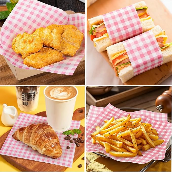 Simpeak Deli Paper 120 Sheets, 7x7" Premium Wax Paper Sheets for Christmas New Year Party Anniversary Food, Grease Proof & Non-Stick Square Sheet for Food Sandwich Candy Fries Wrapping (Pink)