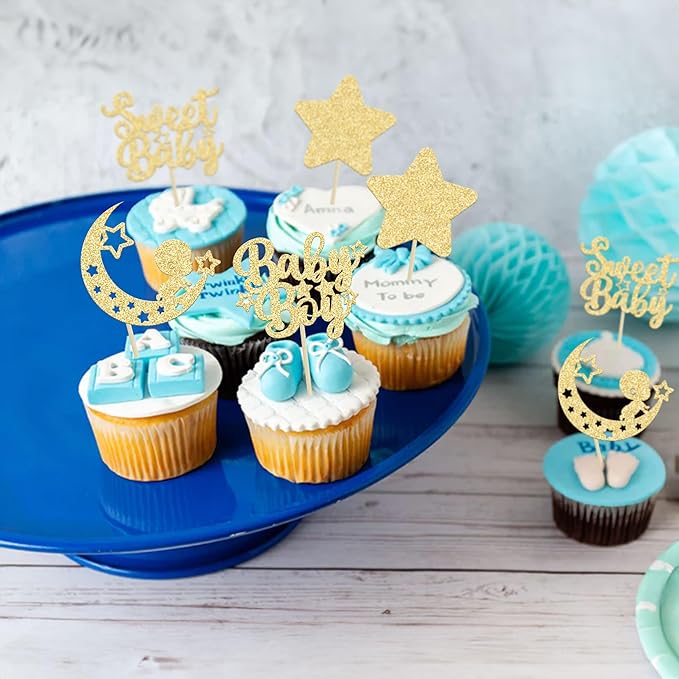 Gyufise 24Pcs Gold Baby Shower Boy Cupcake Toppers Glitter Star Moon Sweet Baby Cake Decorations Baby Boy Cupcake Picks for Baby Shower Boys Birthday Party Decorations Supplies