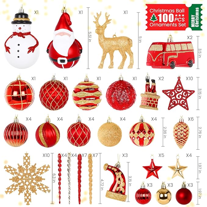 Alupssuc 100 Pcs Christmas Ball Ornaments Set, Santa Claus and Snowman Christmas Decoration Baubles for Indoor Outdoor Holiday Wedding Party Decoration Tree with Hanging Rope, Red & Gold
