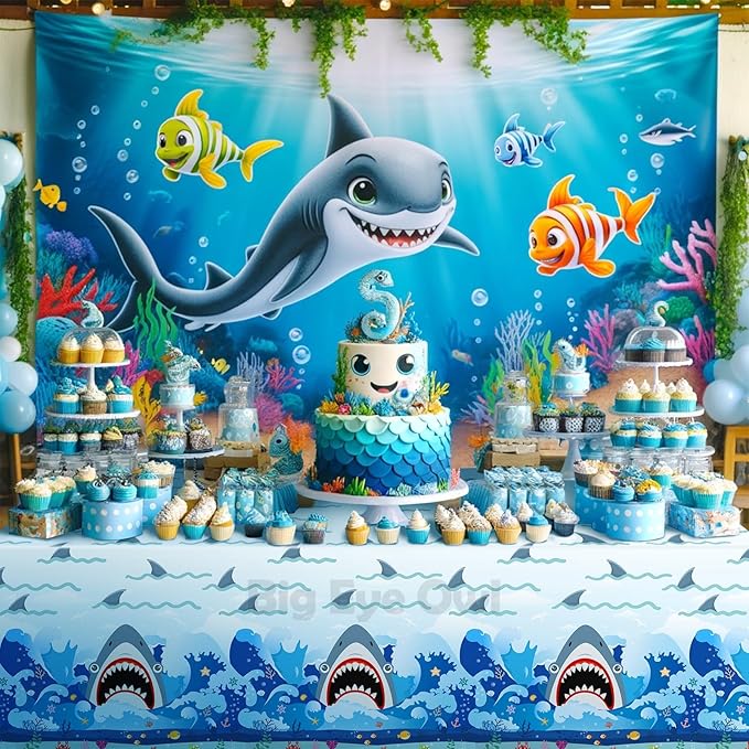 2 Pcs Shark Party Tablecloths Plastic Disposable Birthday Party Table Cloth Rectangle Tablecovers Decorations Blue Boys Shark Theme Party Supplies 54x108 Inch