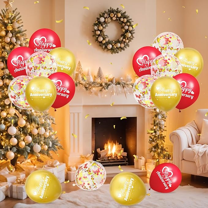 Happy Anniversary Balloons 18Pcs Red Gold Party Decorations for Women Men 12Inch Metallic Confetti Balloons for Indoor Outdoor Party Supplies