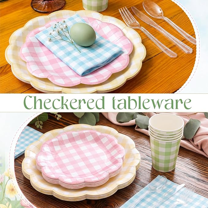 50 Sets Easter Spring Pastel Gingham Disposable Tableware Pink Yellow Paper Plates Green Cups Blue Napkins Clear Knives Forks Spoons for Birthday Baby Shower Wedding Party Decoration