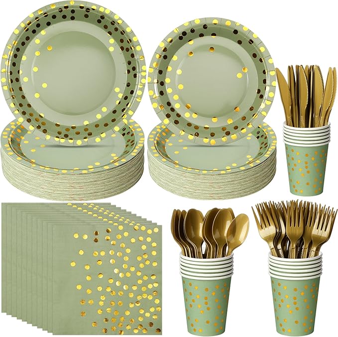 175pcs Sage Green Paper Plates and Napkins Set, Disposable Sage Green and Gold Polka Dot Party Plates Cups For Baby Shower Birthday Wedding Party Supplies and Decorations, Serve 25