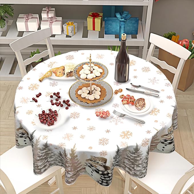 Christmas Round Tablecloth 70 Inch Xmas Snowman and Snowflake Pattern Circle Table Cloth Gold Table Cover Winter Washable Polyester Decor for Home Kitchen Dinning Party
