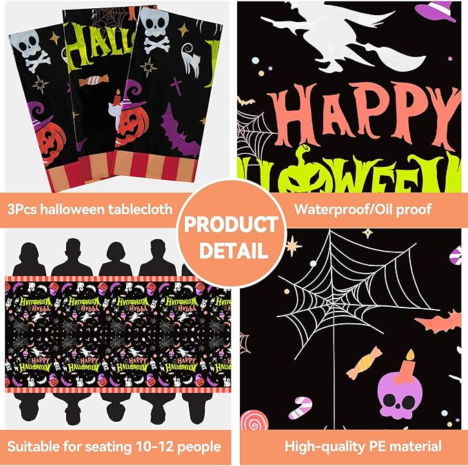 Halloween Tablecloth Plastic Disposable – 3 Pack 54 x 108 Inch Rectangle Table Covers – Witches, Skulls, Pumpkins & Spider Webs – Halloween Table Decorations for Party or Dining