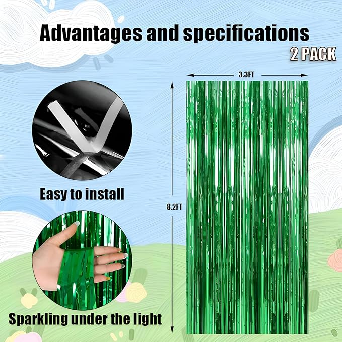 Valentines Day 2 Pack 3.3 * 8.3 ft Foil Curtain Metallic Tinsel Fringe Curtains Photo Booth Props Backdrop for Birthday Wedding Engagement Baby Shower Christmas Holiday Celebration Partyl,Green
