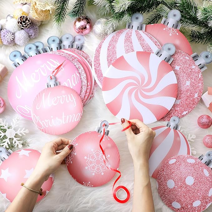 Huwena 24 Pcs Christmas Decorations Outdoor Christmas Hanging Ornaments Peppermint Candy Yard Signs Double Sided Lawn Decorations Peppermint Ornaments for Xmas(Pink)