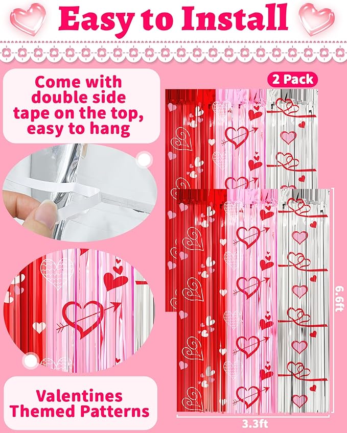 Valentines Decorations Foil Fringe Curtains for Party, 2 Pack 3.3 x 6.6 FT Galentines Day Decorations Red Pink Silver Tinsel Streamer, Valentines Backdrop Heart Decoration for Birthday Wedding