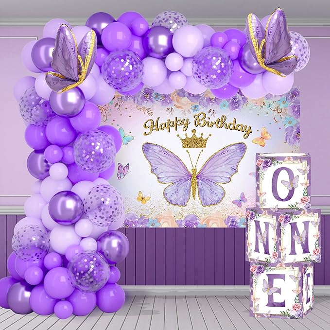 Butterfly First Birthday Decorations for Girl, Purple Butterfly Themed 1st Birthday Party Balloon Arch Kit with Backdrop Boxes Foil Balloons Wall Decor, Princess Bday Party Supplies