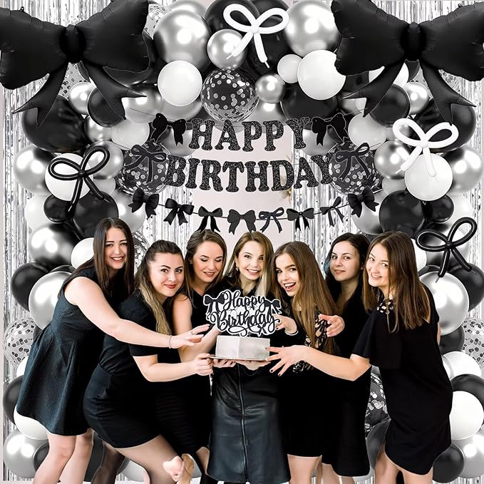 Black Bow Birthday Decorations, Coquette Bow Black and White Silver Balloons with Happy Birthday Banner Fringe Curtain Cake Toppers for Women Girls Baby Shower Party Supplies