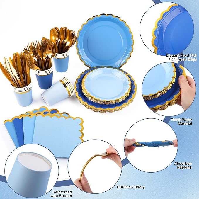 Kochorie 140 PCS Blue Party Supplies for 20 Guests Disposable Dinnerware Set Includes Scalloped Plates Napkins Cup Cutlery Tableware Set for Birthday Party Wedding Baby Shower Picnic