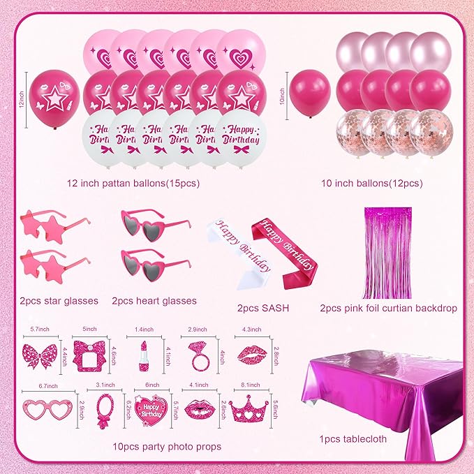72PCS Pink Birthday Decorations for Girls, Pink Theme Party Supplies with Photo Booth Props & Selfie Frame Set, Banner, Foil Balloons, Tablecloth, Cake Toppers for 13th 16th 18th 21st Celebration.