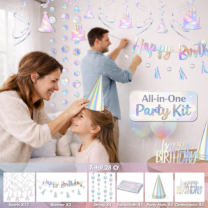 28-Piece Iridescent Birthday Party Decoration Kit – Happy Birthday Banner, Hanging Swirls, Garlands, Table Centerpiece, Tablecloth & Cone Hats for a Shimmering, Photo-Ready Celebration