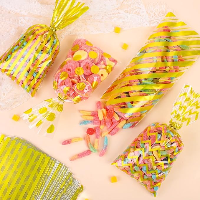 Aodaer 100 Pieces 10.6 x 5.1 In Gold Cellophane Bags Plastic Candy Bag Cellophane Treat Bags Polka Dot Stripes Printed Pattern Goodie Gift Bag with Twist Ties for Birthday, Baby Showers, Weddings Party Supplies