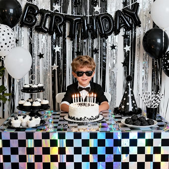 3-Pack Vibrant Black Checkered Tablecloths, Holographic Glittering Disposable Plastic Tablecloths, 54 Inches x 108 Inches, Suitable for Picnics, Birthday Parties, Racing Theme Decorations