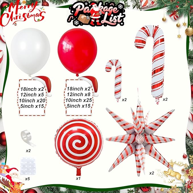 Christmas Balloon Garland, Red White Xmas Balloons Arch Kit with Foil Candy Cane Lollipop Balloons and Red White Star Mylar Balloon for Merry Christmas Party New Year Holiday Birthday Decorations