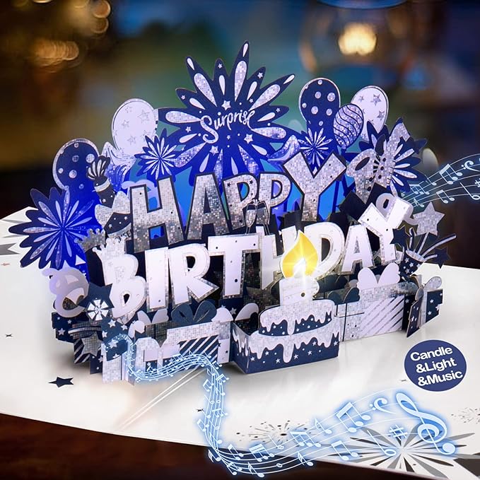 INPHER Musical Birthday Card 3D Pop Up with Light Blow Out LED Candle and Plays Happy Birthday Music Surprise Greeting Cards Gifts for Women Navy Silver