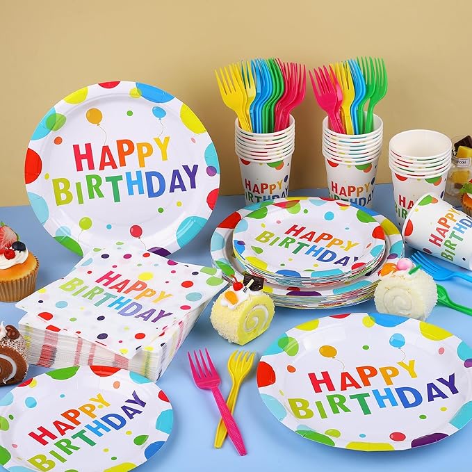 Kochorie 144 Pieces Happy Birthday Print Party Decorations Including Disposable Plates Napkins Cups Forks Tableware Sets Serves 24 for Birthday Party Supplies