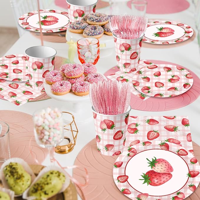 Strawberry Birthday Decorations,144Pcs Strawberry Party Plates,Napkins,Cups Strawberry Party Supplies Summer Fruit Tableware Set for Girls Baby Shower,Berry First Birthday Decor