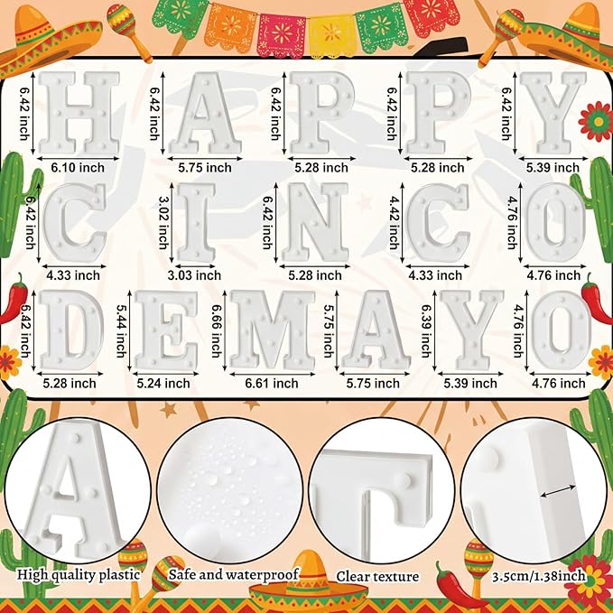 Honoson 16 Pcs Happy Cinco De Mayo Light Decorations Mexican Fiesta Party Decorations Table Decor Festival LED Lights up Sign for Mexican Fiesta Party Festival Streamers Home Decor