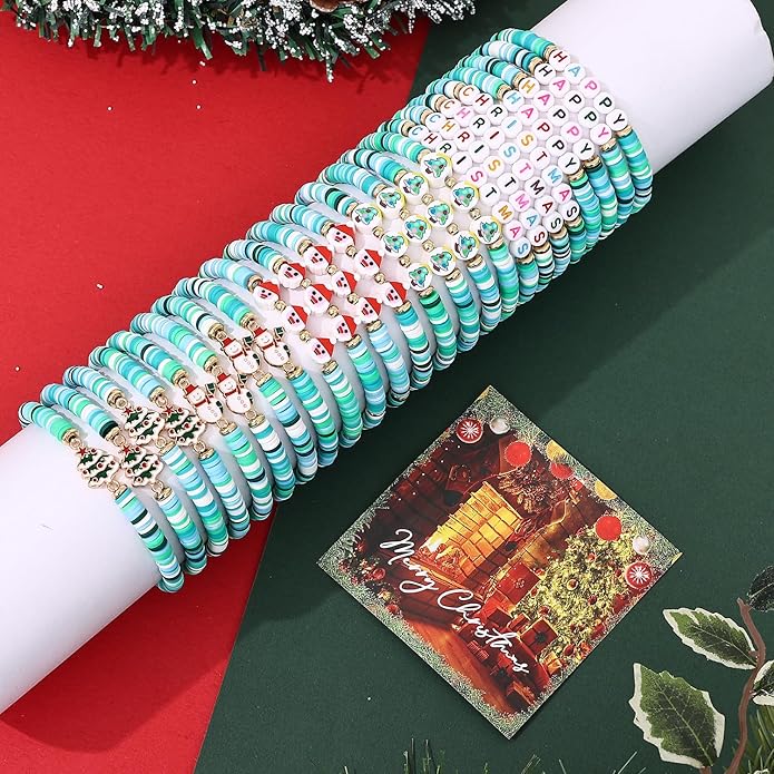 Cooluckday 36 Pcs Holiday Heishi Surfer Bracelets for Women Bulk Easter Mother's Day Christmas St. Patrick's Day Mardi Gras Bracelet Stackable Stretch Friendship Bracelets Set