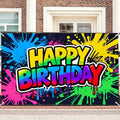 Rainbow Graffiti Splatter Happy Birthday Banner, Large Art Backdrop for Teen Party Indoor Outdoor Decor