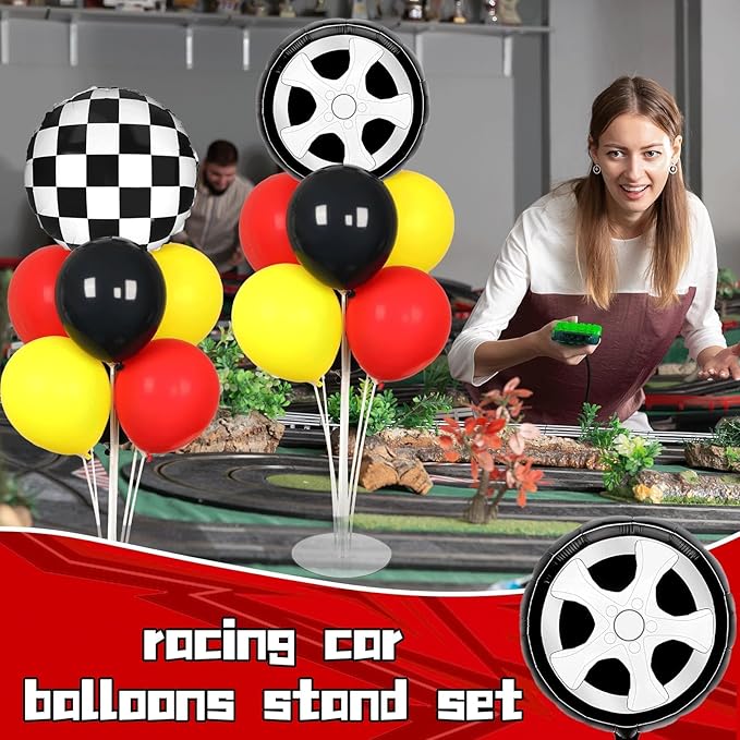 Race Car Party Balloons Stand Kit 2 Sets With 2 Checkered Foil Balloon Racing car Party Balloon Red Black Yellow Race Car Birthday Party Decor Set For Boys Let's go Racing New Year Party Decorations